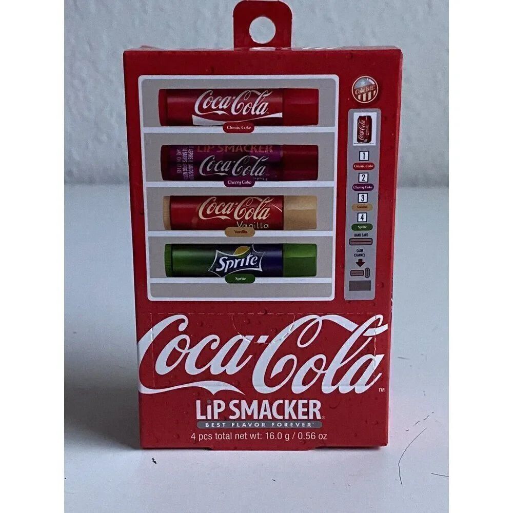 4 Pack Coca Cola Lip Balm Vending Machine Lip Smacker Cherry Vanilla Sprite Coke